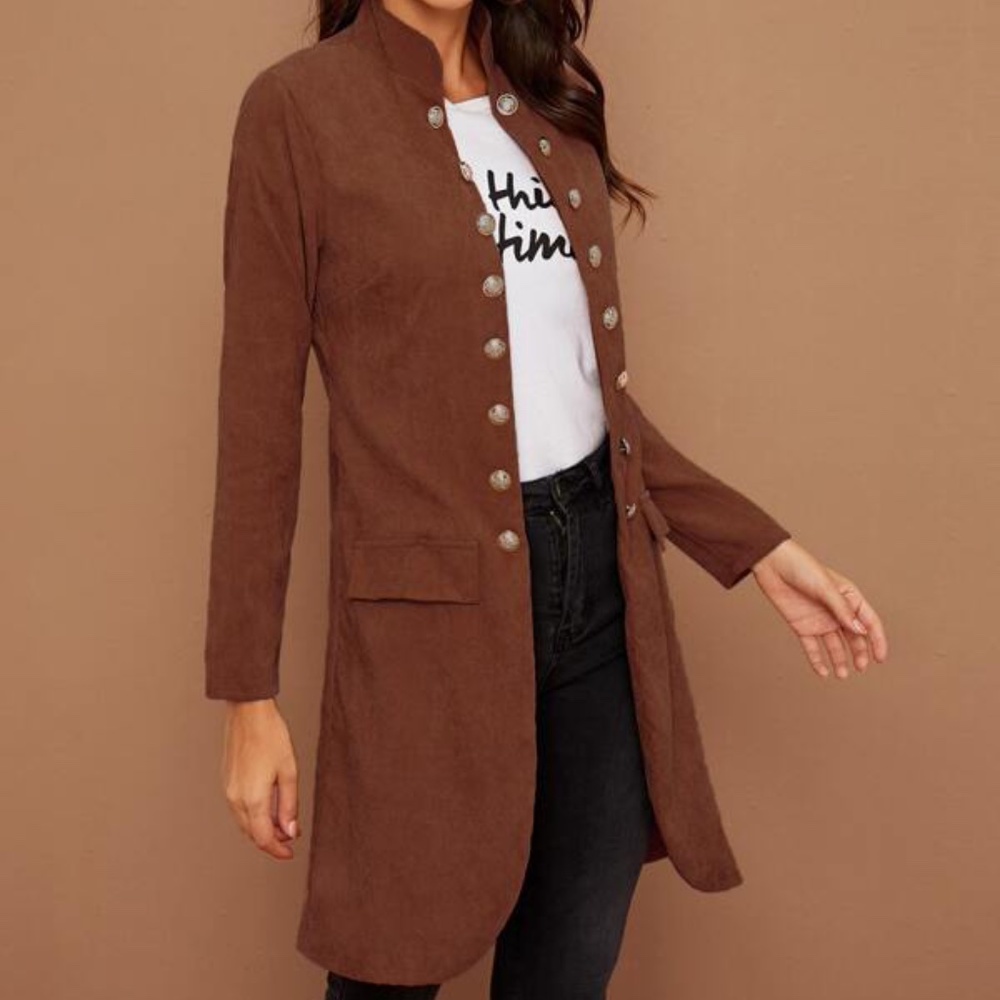 Dusty blue Button Detail Open Front Corduroy Jacket Shacket - Picture 8 of 13